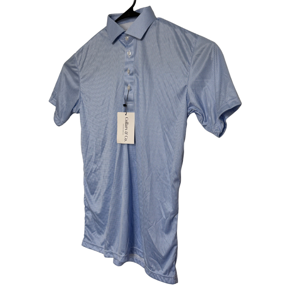 Collars & Co Mens Large Relaxed Blue Houndstooth Performance Polo NWT - Picture 3 of 9